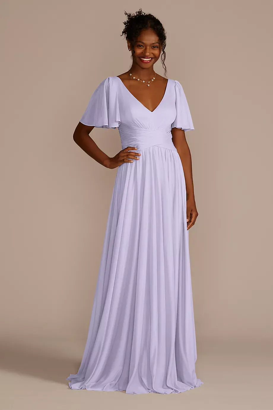 Celebrate DB Studio Flutter Sleeve Crisscross Mesh Bridesmaid Dress in Iris Size: 6 David's Bridal