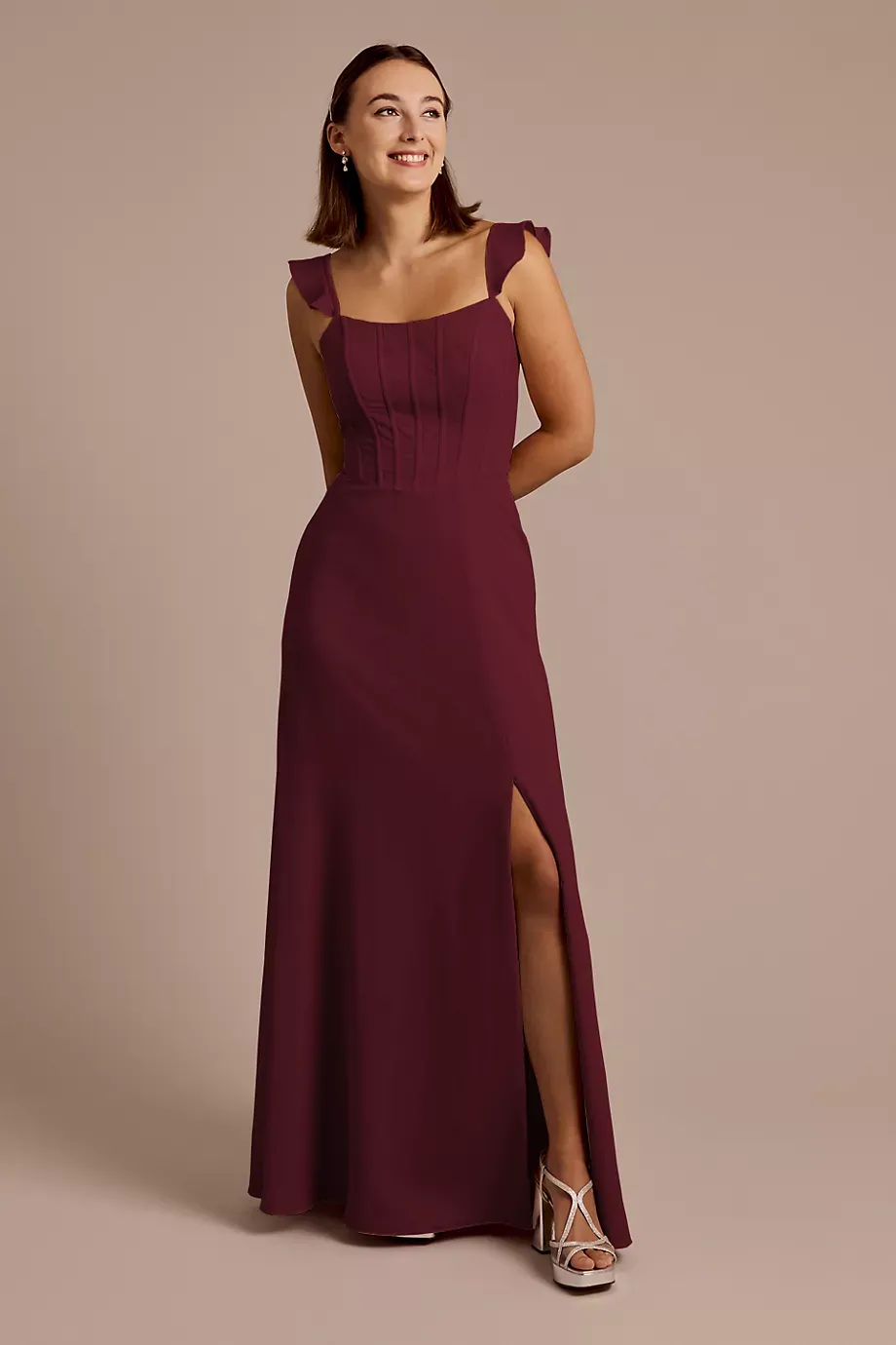Celebrate DB Studio Chiffon Corset Dress With Flutter Sleeves in Wine Size: 0 David's Bridal