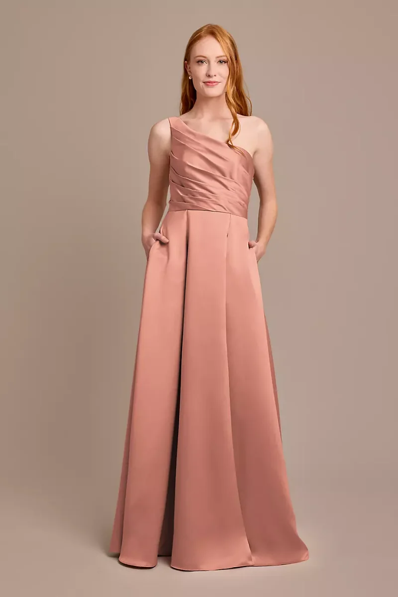 Celebrate DB Studio Satin One-Shoulder A-Line Pleated Dress in Desert Coral Size: 8 David's Bridal
