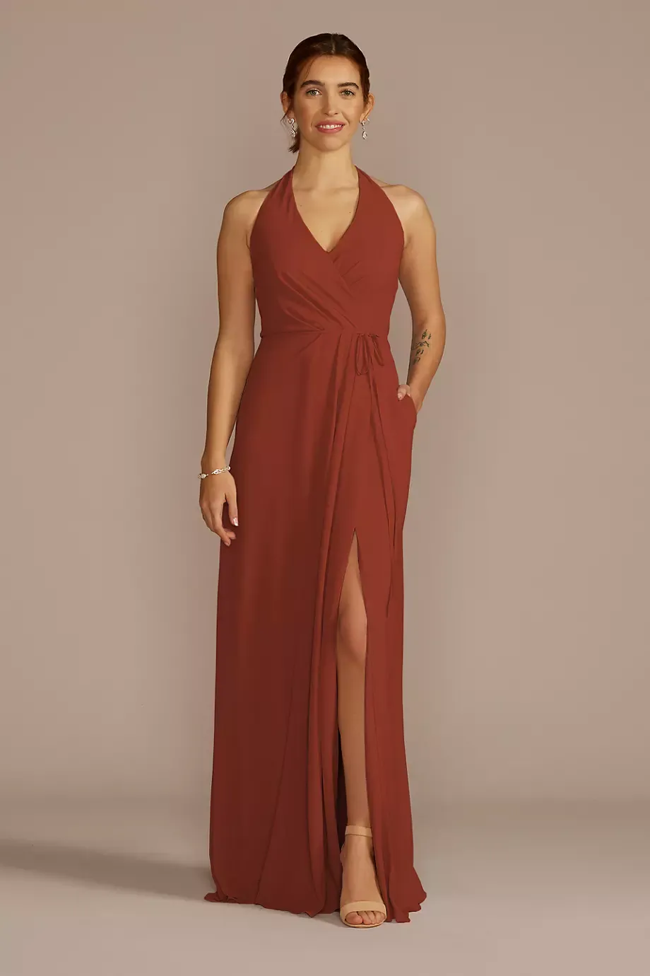 Celebrate DB Studio Chiffon Halter Faux Wrap A-Line Dress in Cinnamon Size: 2 David's Bridal