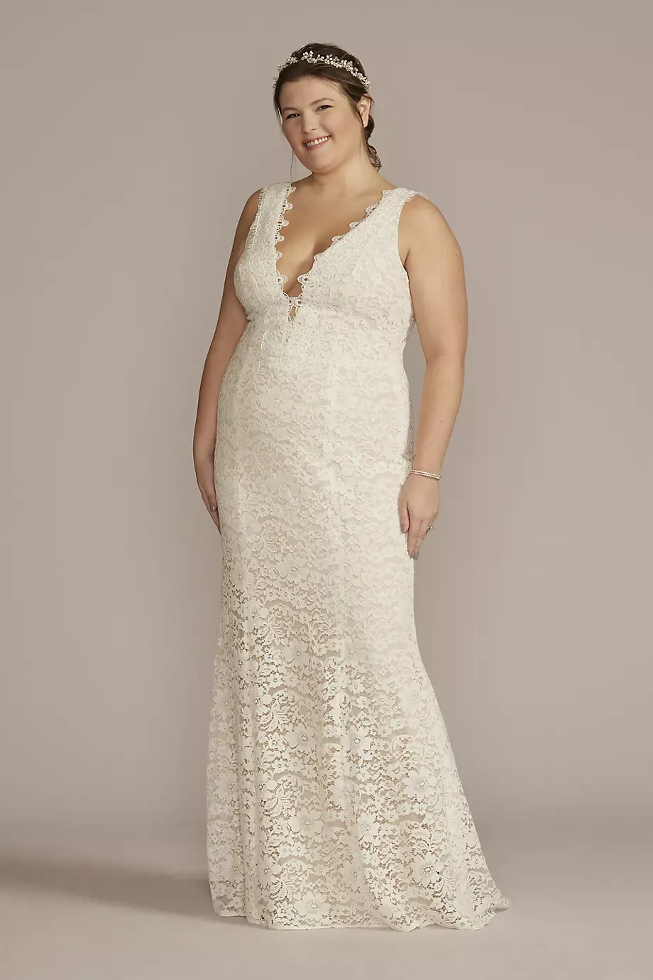 DB Studio Lace Tank Plus Size Wedding Gown With V-Back in Ivory/Stone Size: 24W David's Bridal