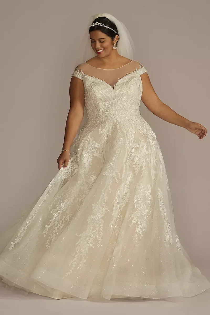 As Is Cap Sleeve Beaded Ball Gown Wedding Dress in Ivory/Champagne Size: 20W David's Bridal