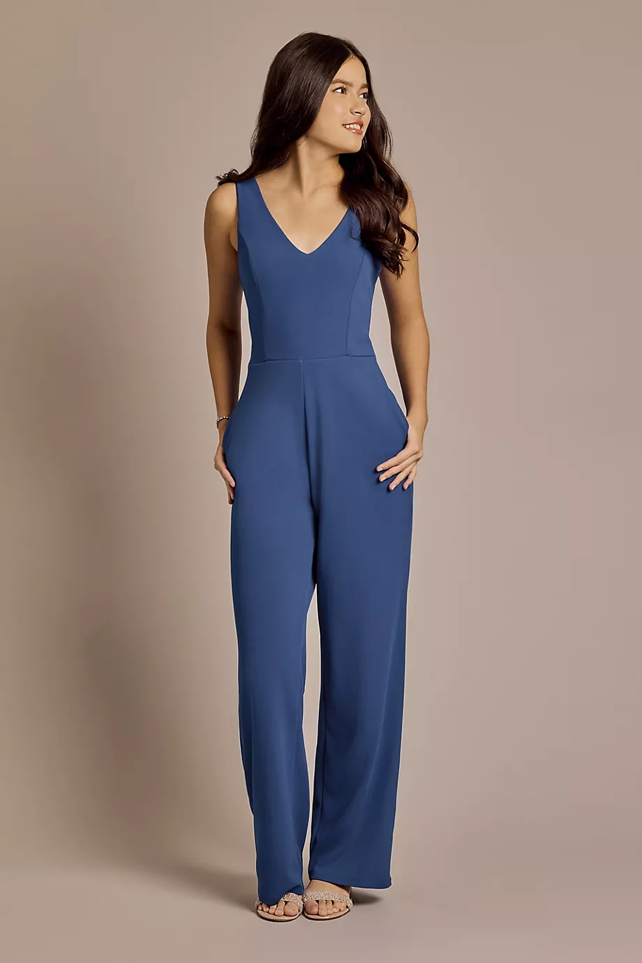 Crystal Doll Crepe V-Neck Jumpsuit in Royal Size: Small David's Bridal