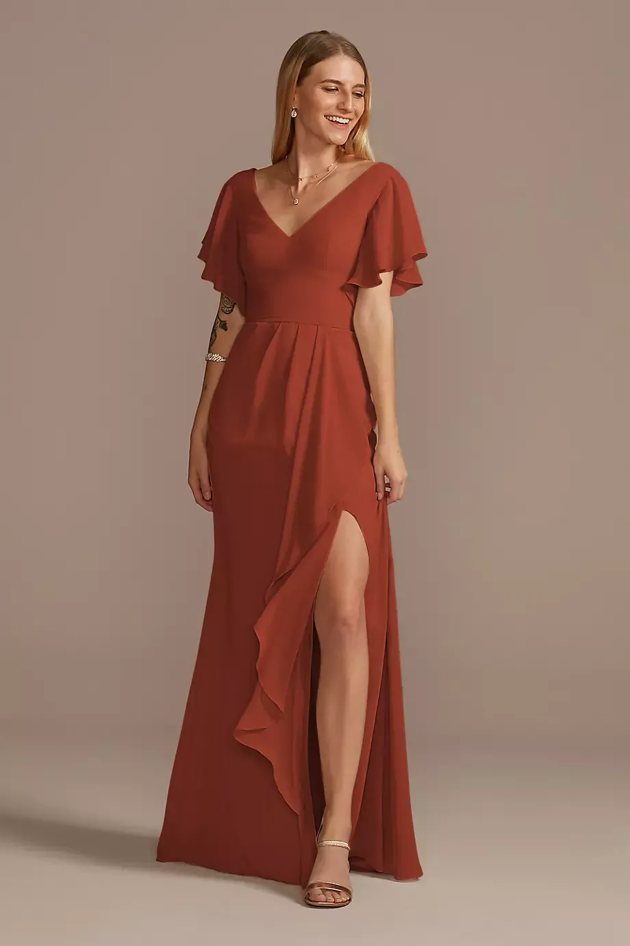 Celebrate DB Studio Flutter Sleeve Dress With Cascade in Cinnamon Size: 22 David's Bridal
