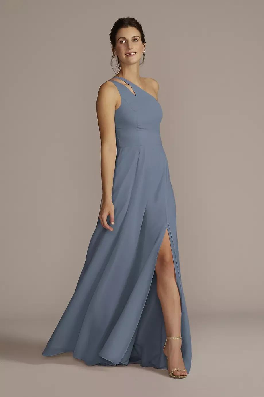 Celebrate DB Studio Chiffon One-Shoulder Cutout Dress in Steel Blue Size: 24 David's Bridal