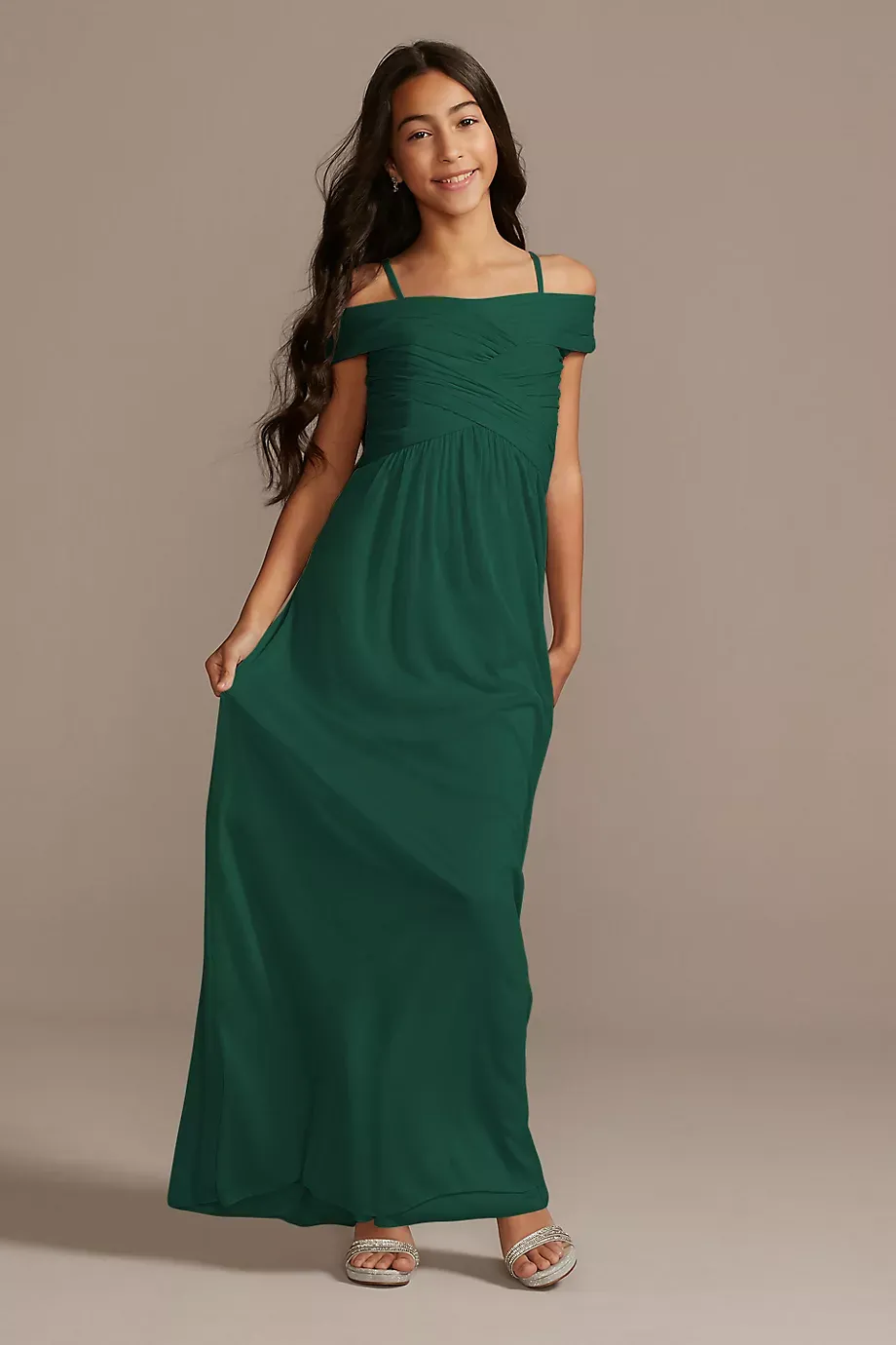 Celebrate DB Studio Crisscross Off-Shoulder Girls Dress in Juniper Size: 12 David's Bridal