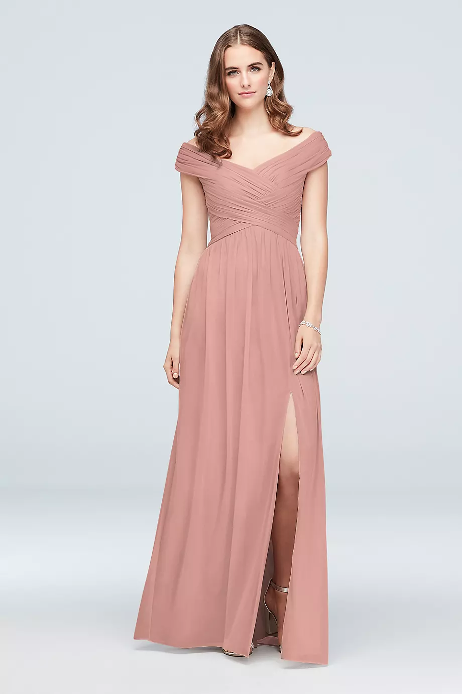Celebrate DB Studio Crisscross Off-The-Shoulder Mesh Bridesmaid Dress in Ballet Size: 26 David's Bridal