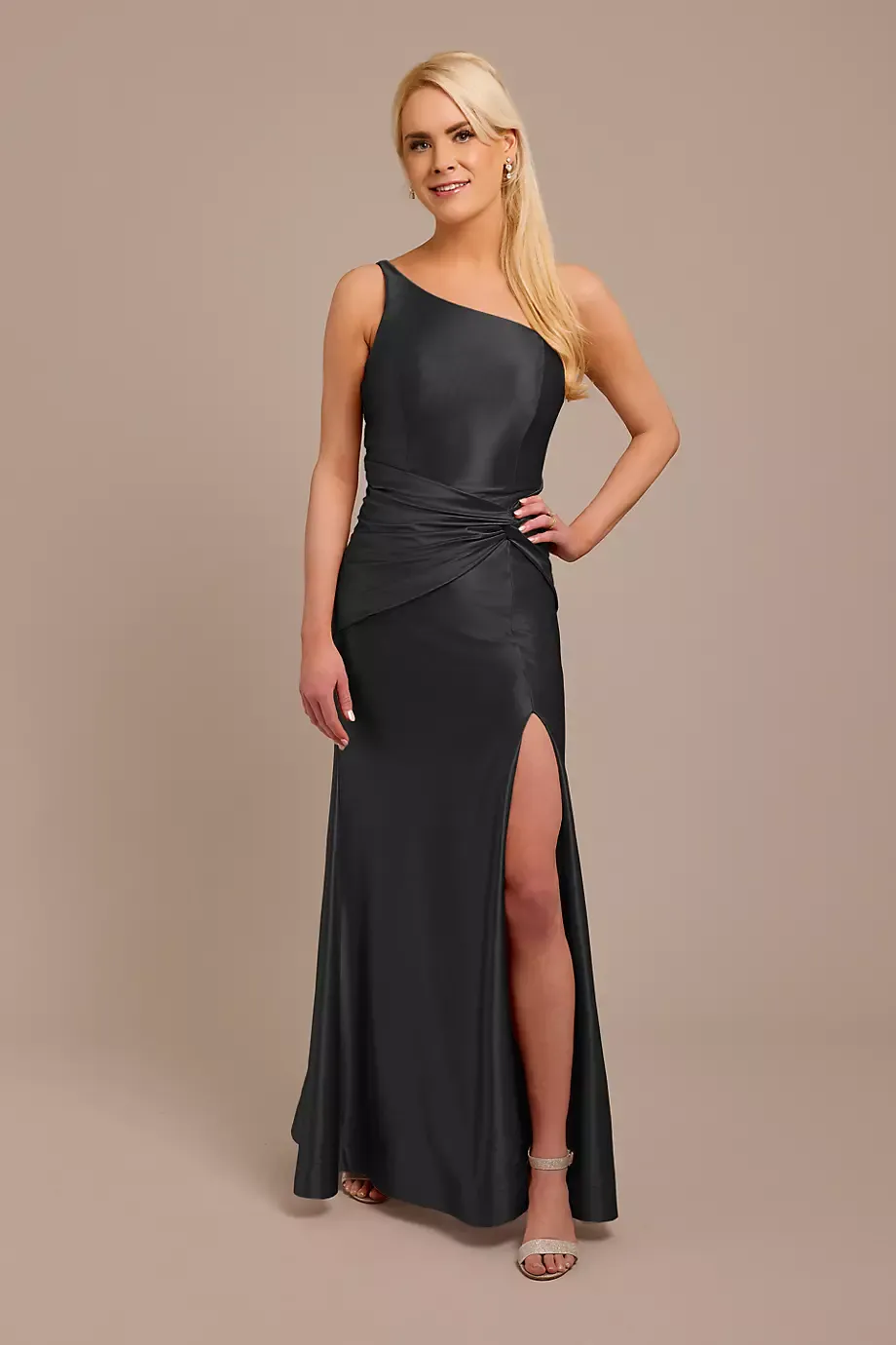Galina Signature Sculpting Satin One-Shoulder Knot Dress in Black Size: 26 David's Bridal
