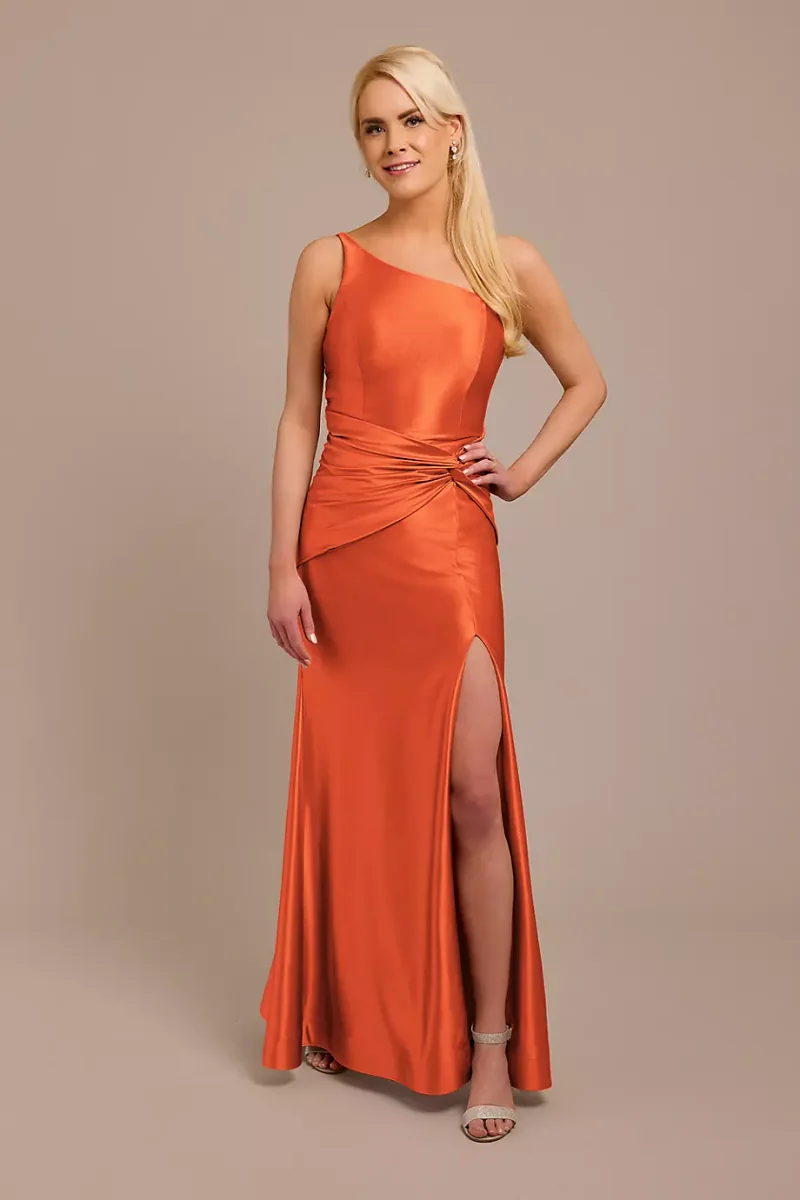 Galina Signature Sculpting Satin One-Shoulder Knot Dress in Sunset Coral Size: 6 David's Bridal