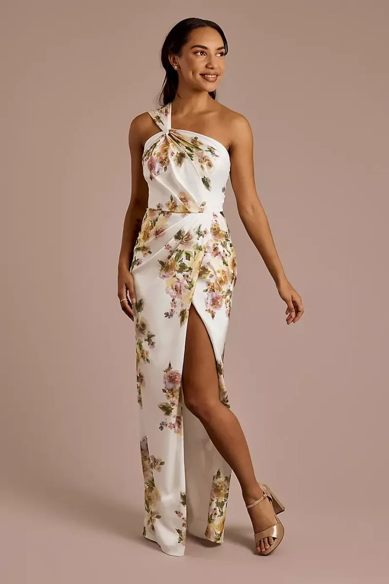 Galina Signature Floral Matte Satin Knotted One-Shoulder Dress in White Bouquet Floral Print Size: 4 David's Bridal