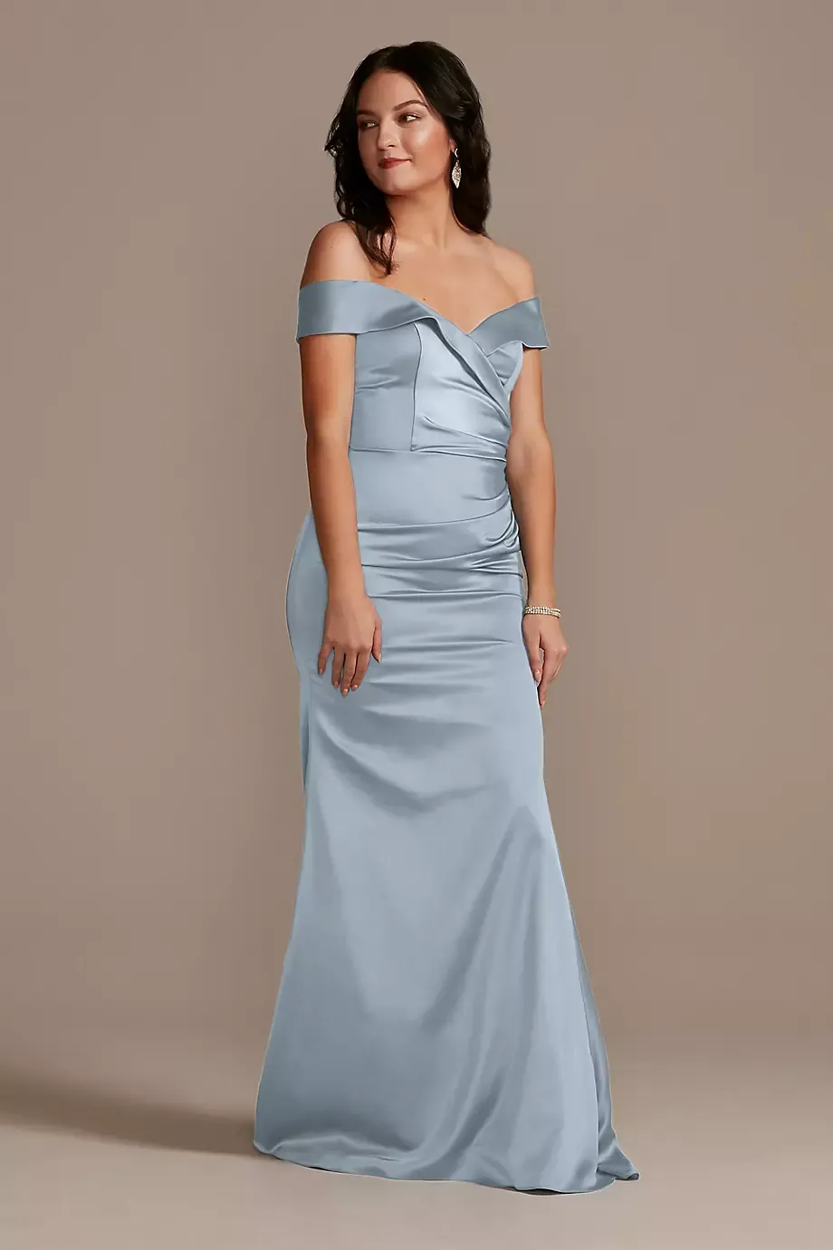 Galina Signature Satin Off-The-Shoulder Mermaid Dress in Dusty Blue Size: 2 David's Bridal