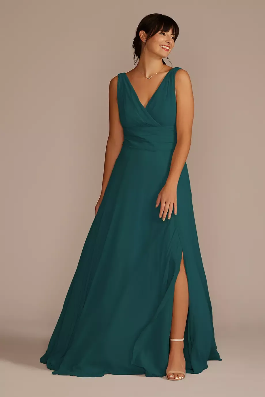 Celebrate DB Studio Long Chiffon Surplice Tank Bridesmaid Dress in Gem Size: 18 David's Bridal