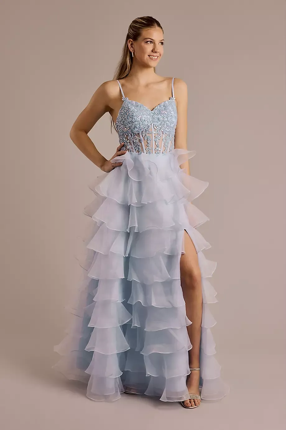 Jules and Cleo Embellished Bodice Ball Gown With Tiered Skirt in Ice Blue Size: 10 David's Bridal