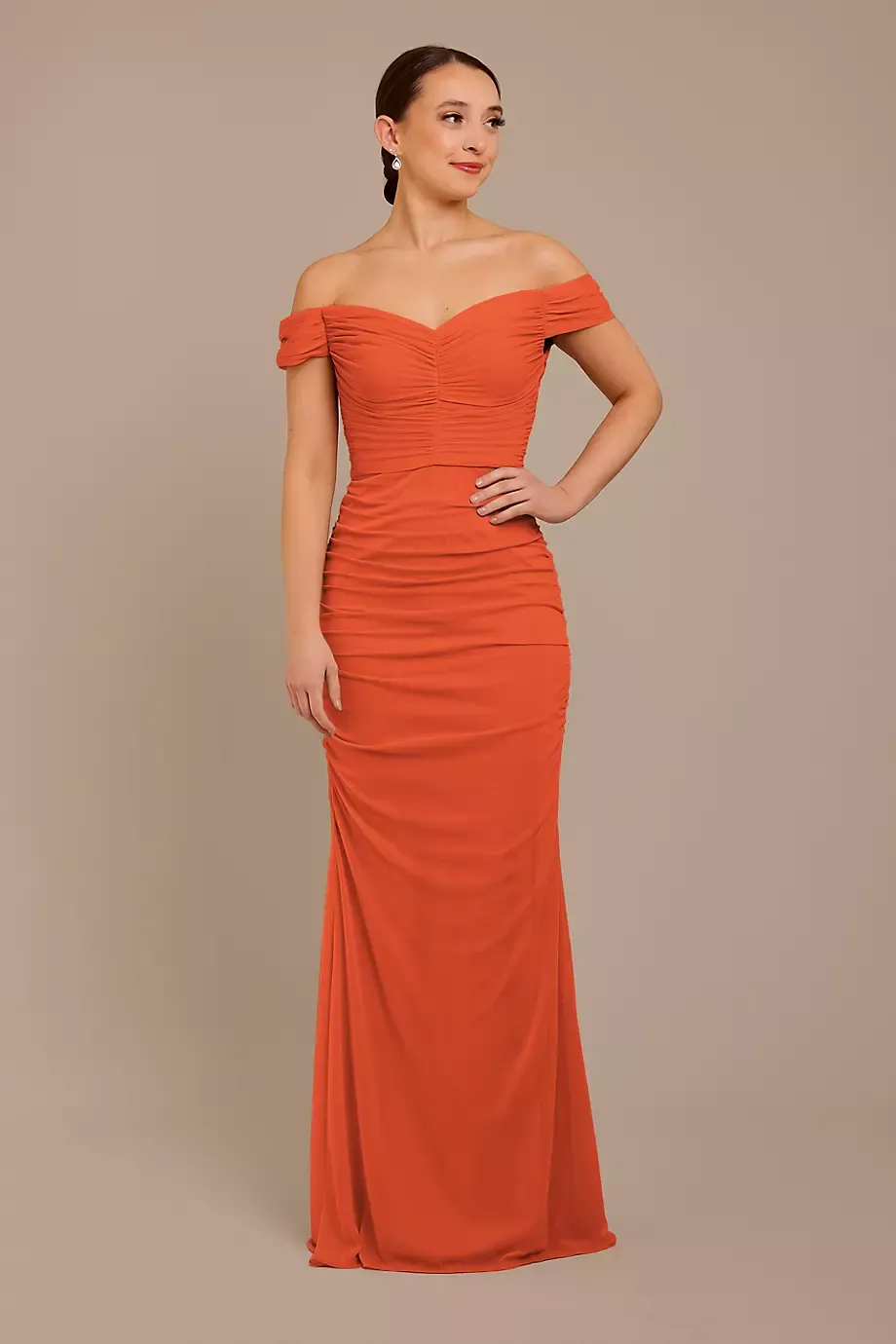 Celebrate DB Studio Mesh Off-The-Shoulder Ruched Dress in Sunset Coral Size: 4 David's Bridal