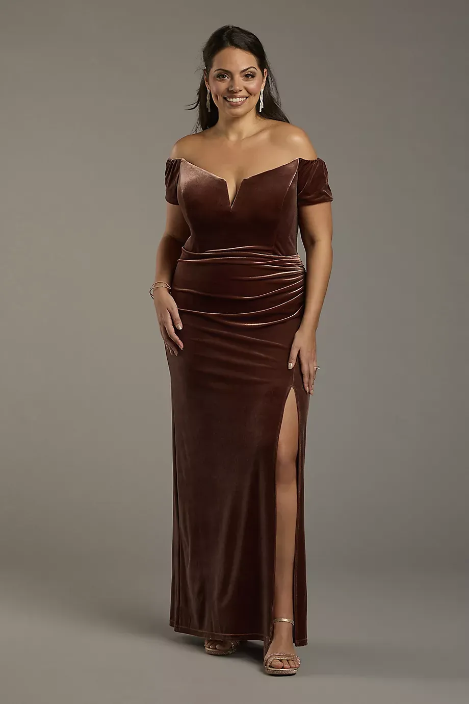 Galina Signature Velvet Off-The-Shoulder Notch Neck Sheath Dress in Chocolate Size: 0 David's Bridal