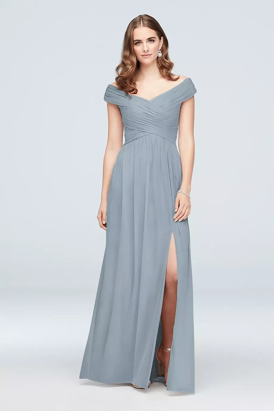 Celebrate DB Studio Off-The-Shoulder Mesh Tall Bridesmaid Dress in Dusty Blue Size: 12 David's Bridal