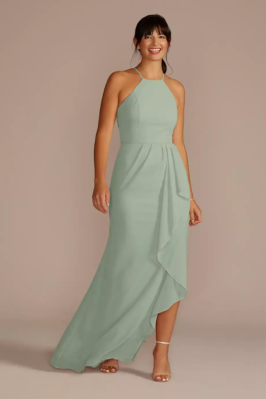 Celebrate DB Studio High-Neck Chiffon Bridesmaid Dress With Cascade in Dusty Sage Size: 8 David's Bridal