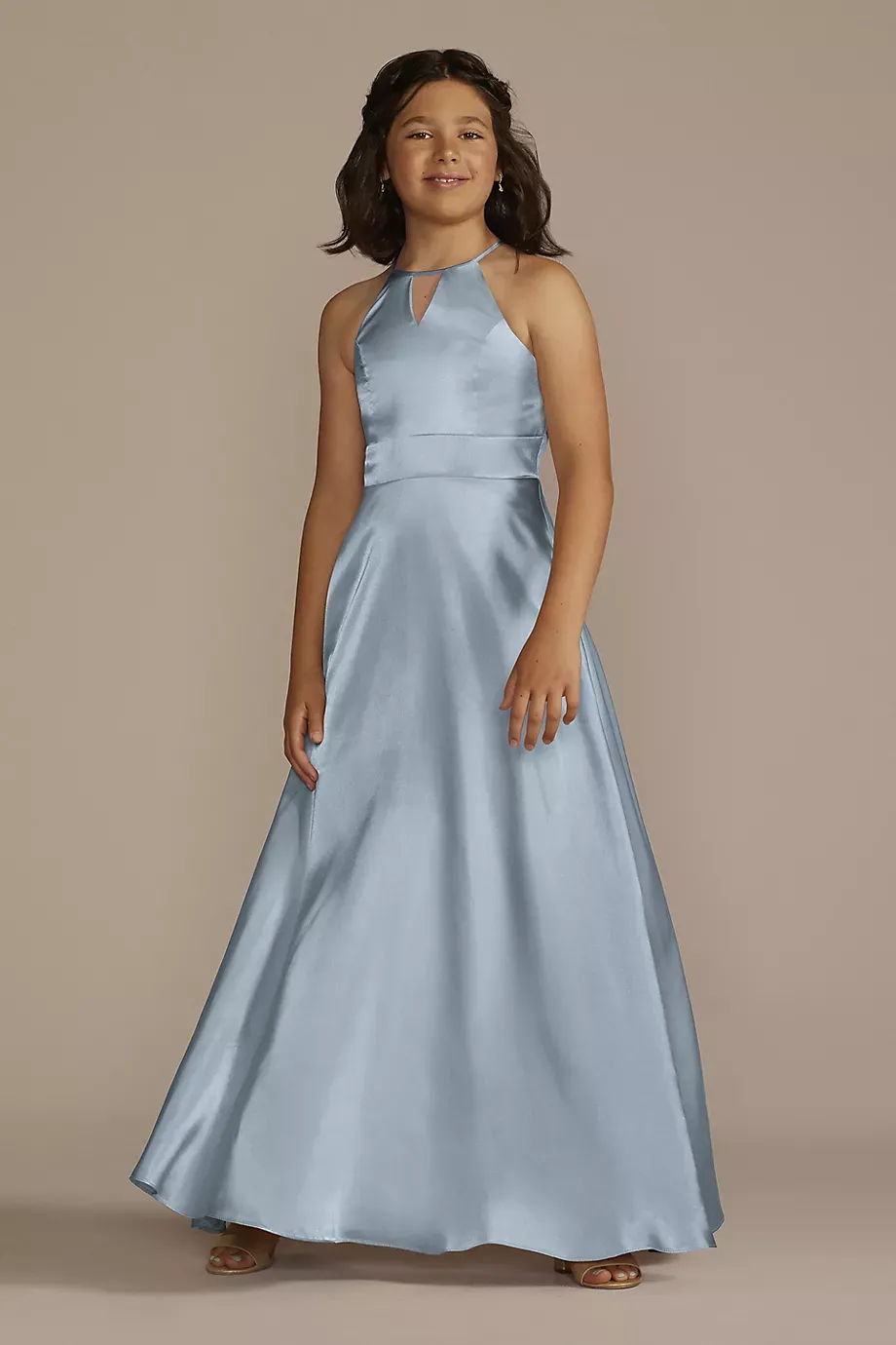 Galina Signature Charmeuse High-Neck Junior Bridesmaid Dress in Dusty Blue Size: 14 David's Bridal