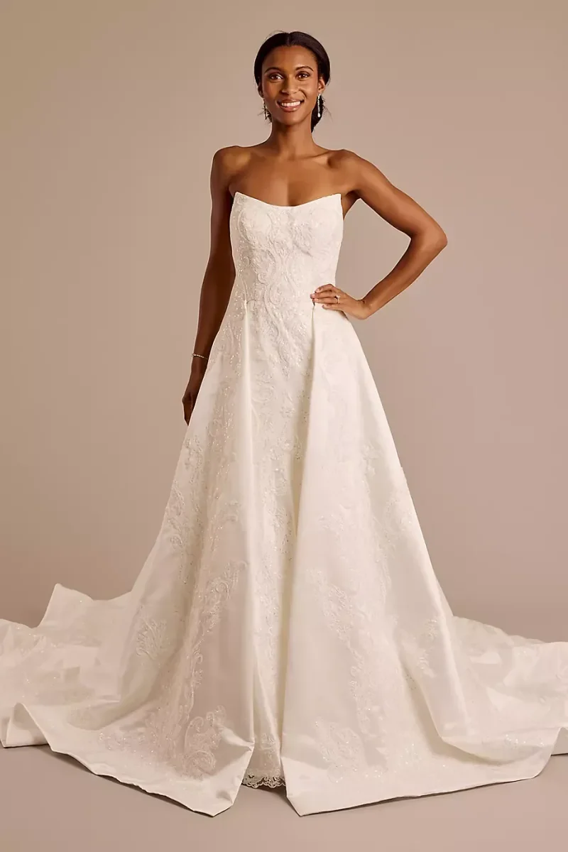 Oleg Cassini Appliqued Satin Wedding Dress With Overskirt in Soft White Size: 6 David's Bridal