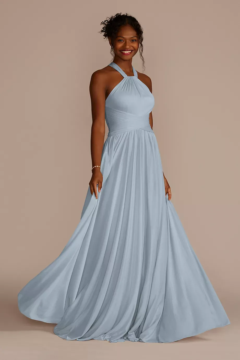 Celebrate DB Studio High-Neck Mesh Bridesmaid Dress With Full Skirt in Dusty Blue Size: 4 David's Bridal