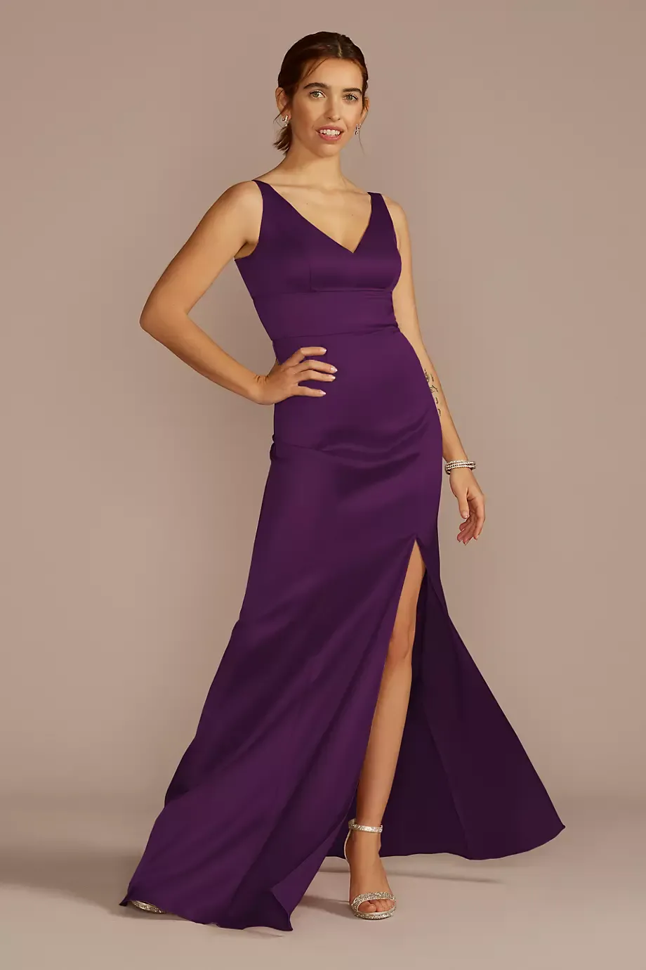 Celebrate DB Studio Stretch Satin V-Neck Tank Sheath Dress in Plum Size: 22 David's Bridal