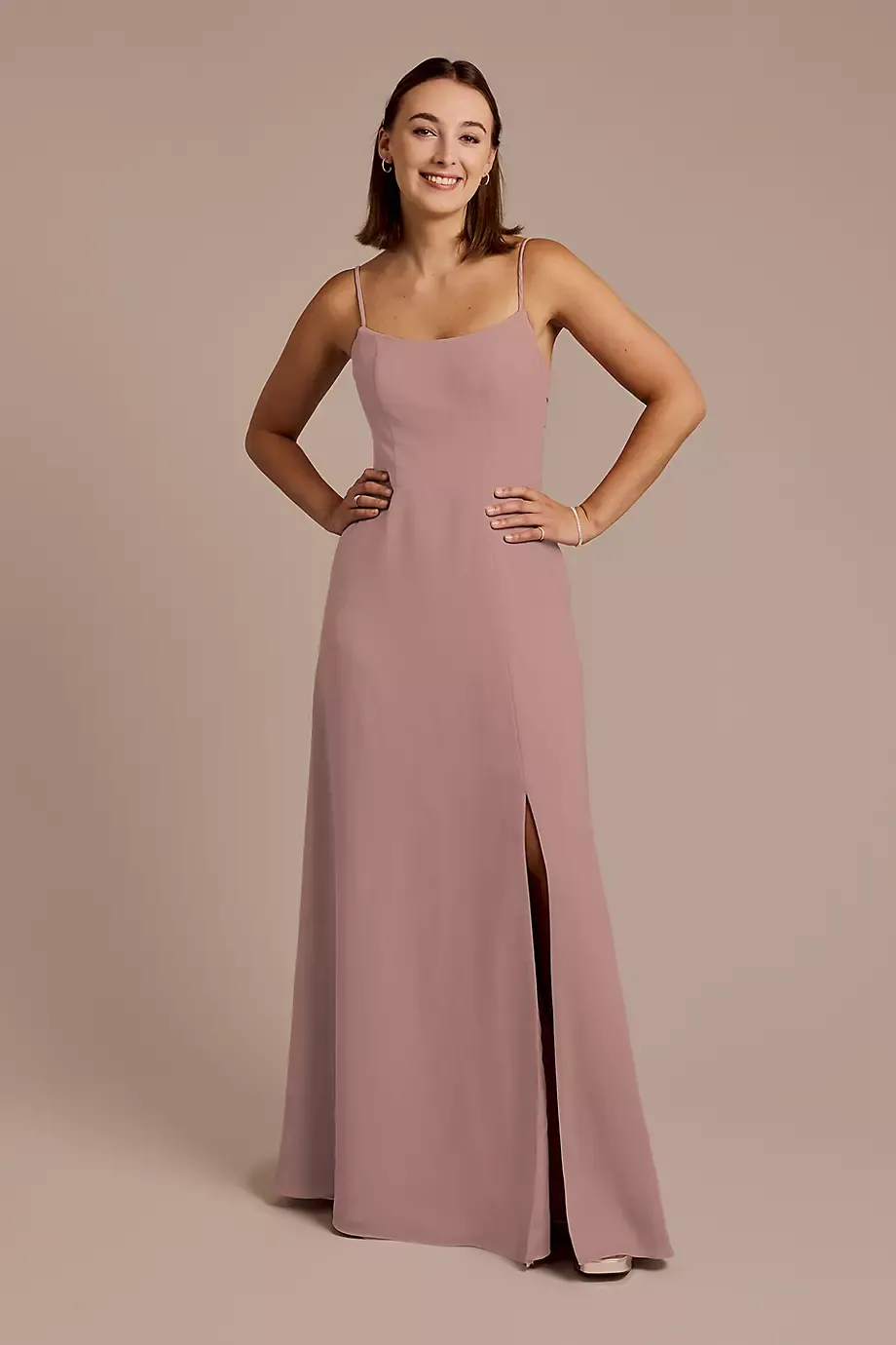 Celebrate DB Studio Spaghetti Strap Bow Back Chiffon Dress in Quartz Size: 10 David's Bridal