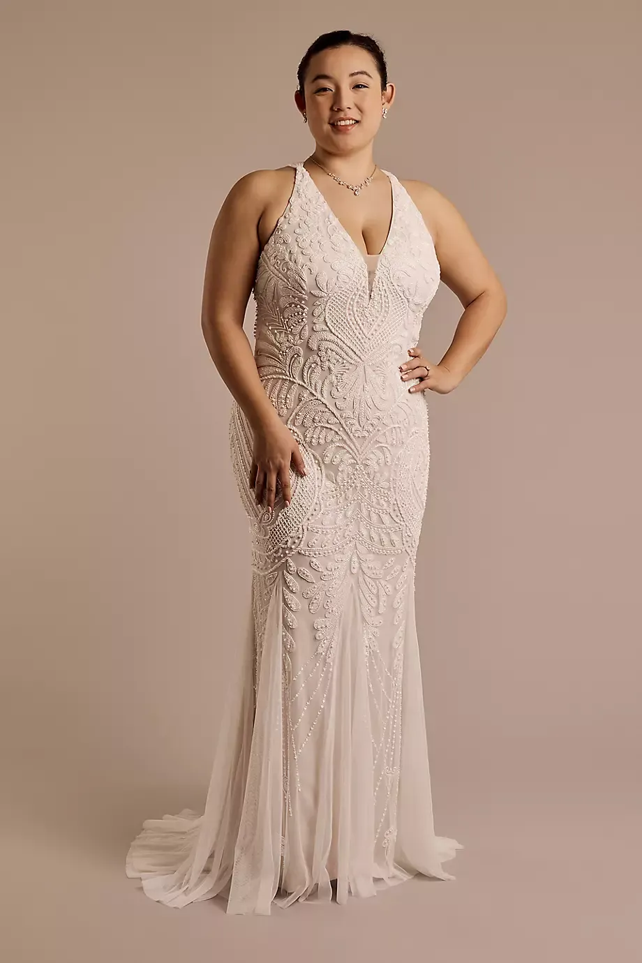 Oleg Cassini Plunging Allover Beaded Sheath Wedding Dress in Soft White Size: 24W David's Bridal