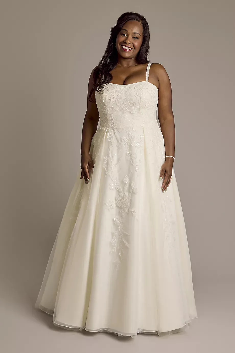 Oleg Cassini Spaghetti Strap Lace Applique Tulle Ball Gown in Ivory Size: 18W David's Bridal