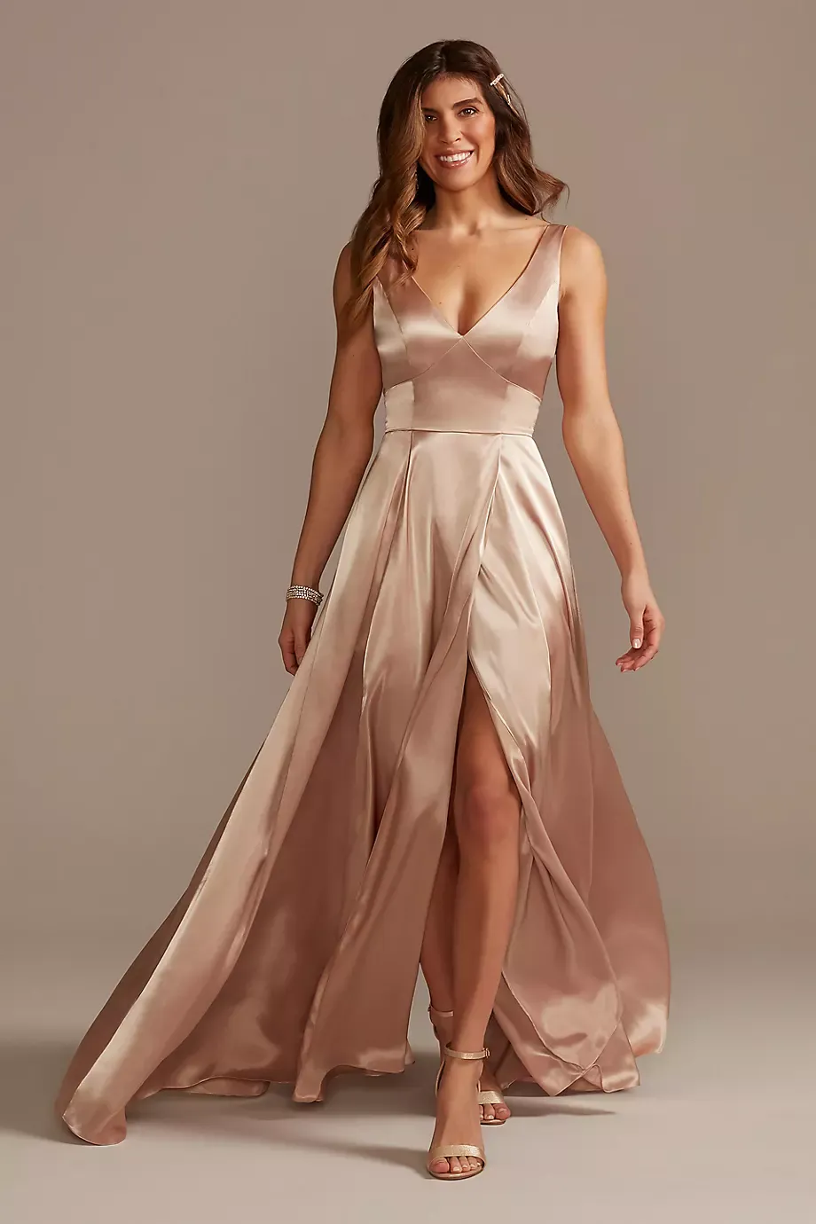 Galina Signature Tall Charmeuse Tank V-Neck Dress in Sand Size: 2 David's Bridal