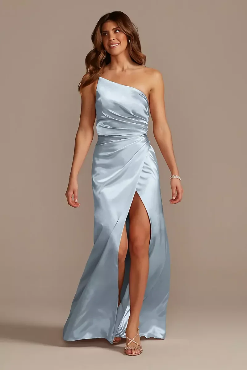 Galina Signature Charmeuse Draped One-Shoulder Dress in Dusty Blue Size: 0 David's Bridal