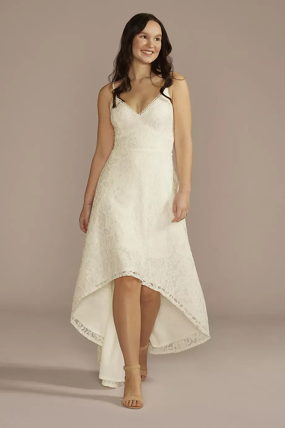 DB Studio High-Low Lace Spaghetti Strap V-Neck Wedding Dress in Ivory Size: 0 David's Bridal
