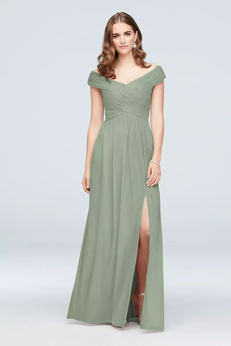 Celebrate DB Studio Crisscross Off-The-Shoulder Mesh Bridesmaid Dress in Dusty Sage Size: 26 David's Bridal