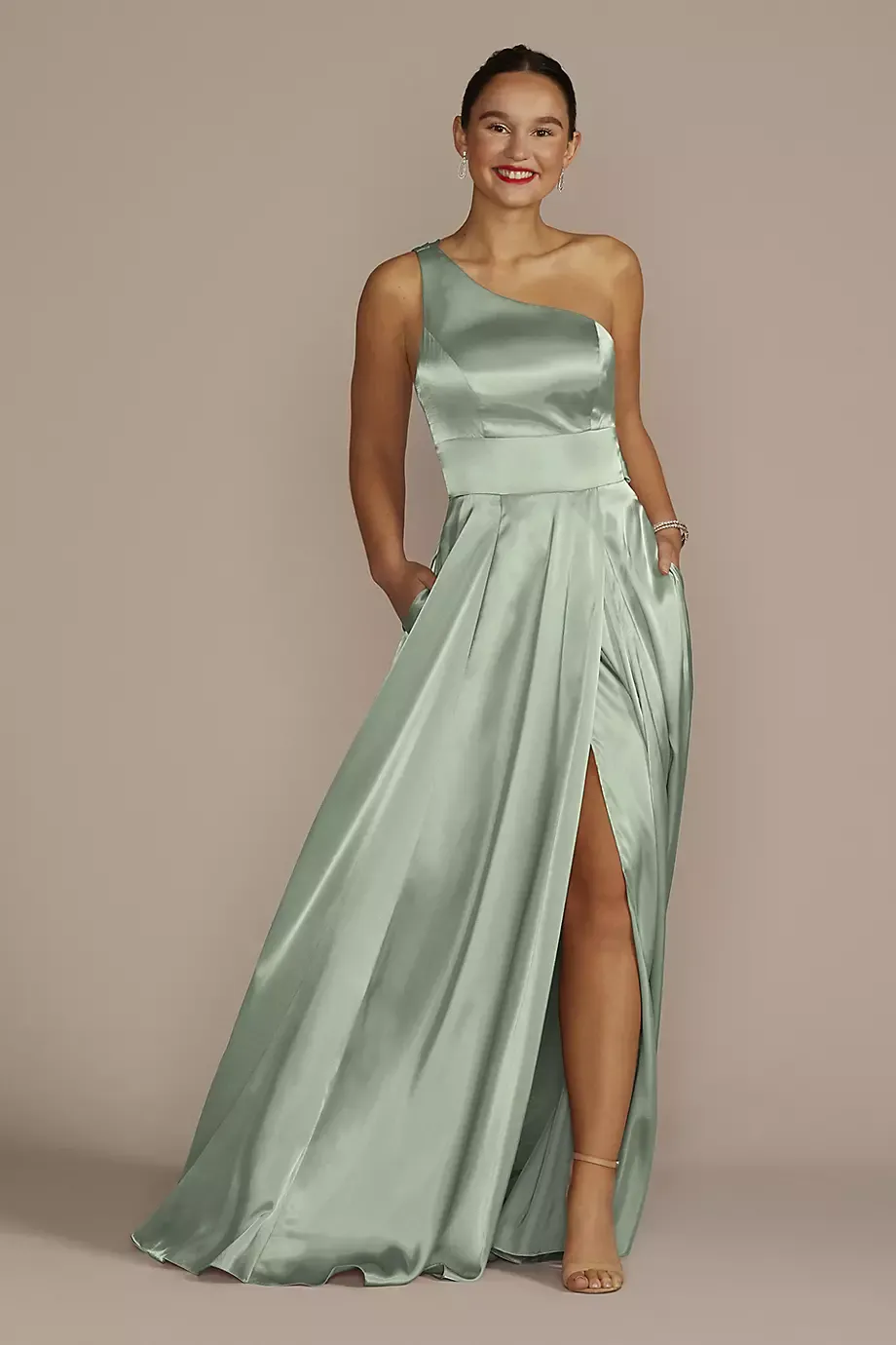 Galina Signature One-Shoulder Draped Charmeuse Dress in Dusty Sage Size: 2 David's Bridal