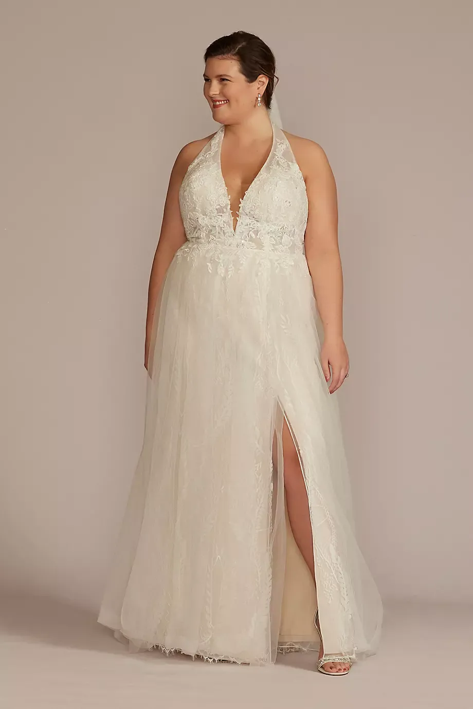 DB Studio Lace Applique Halter A-Line Plus Wedding Dress in Ivory/Stone Size: 30W David's Bridal
