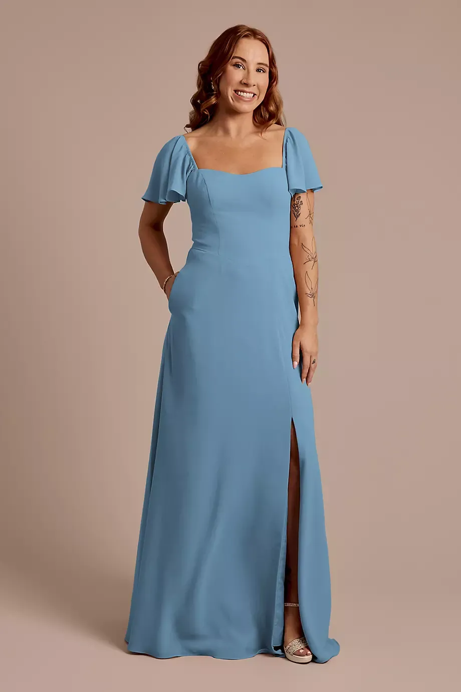 Celebrate DB Studio Chiffon Flutter Sleeve Dress With Basque Waist in Lake Size: 14 David's Bridal