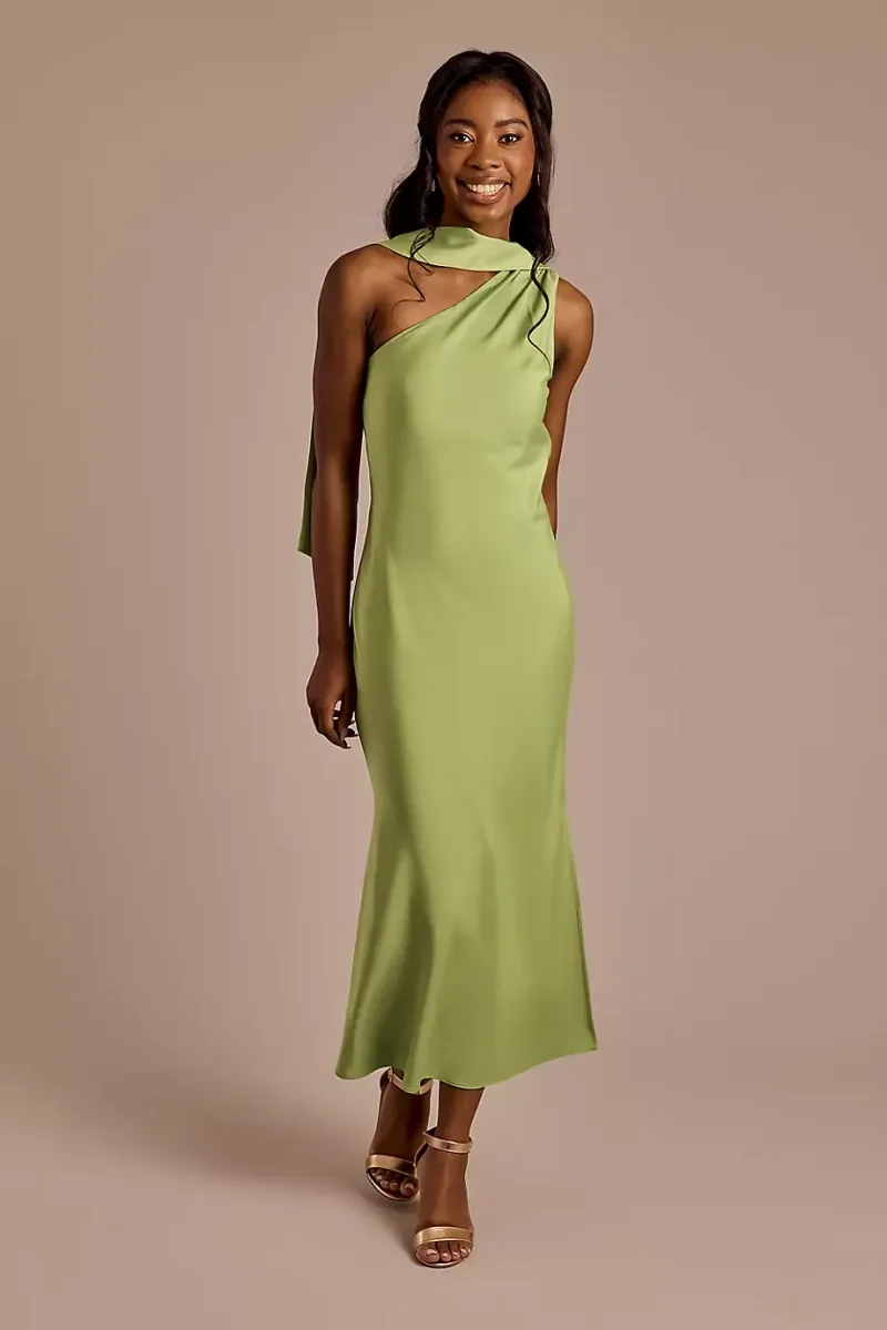 Adelyn Rae One-Shoulder Satin Scarf Sheath Dress in Fern Green Size: Large David's Bridal