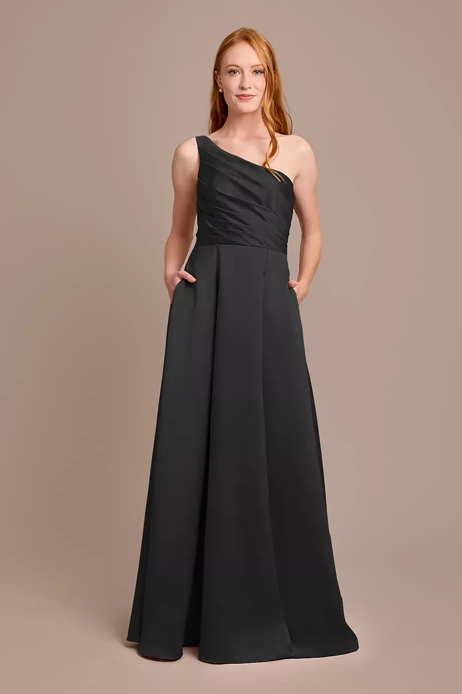 Celebrate DB Studio Satin One-Shoulder A-Line Pleated Dress in Black Size: 30 David's Bridal
