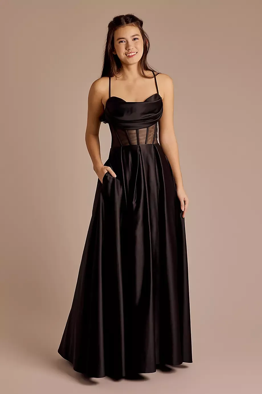 Blondie Nites Draped Cowl Sheer Corset Satin Ball Gown in Black Size: 5 David's Bridal