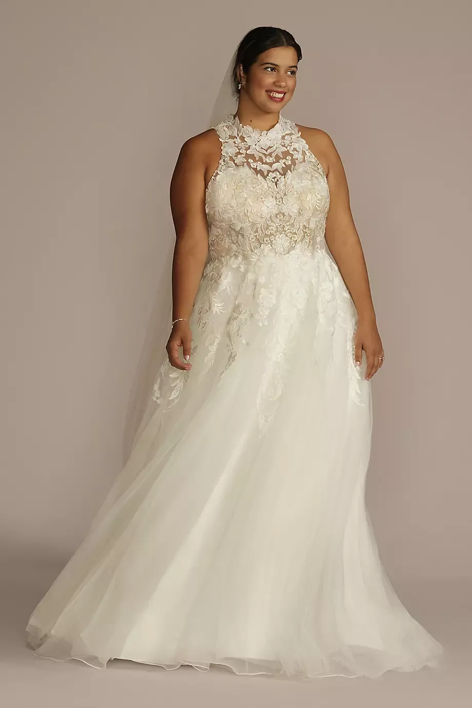 Oleg Cassini High Neck Lace Applique Tulle Wedding Dress in Soft White/Dark Champagne Size: 28W David's Bridal