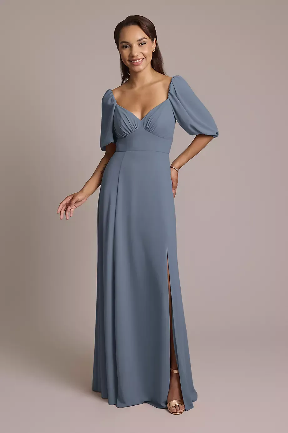 Celebrate DB Studio Chiffon Short Sleeve A-Line Dress in Steel Blue Size: 28 David's Bridal