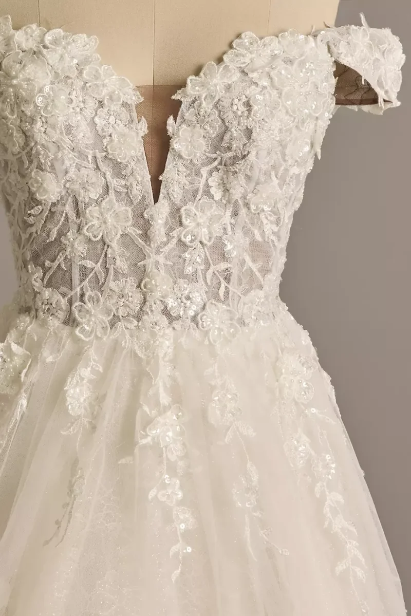 Oleg Cassini 3D Floral Plunging Strapless Tulle Ball Gown in Ivory/Almond Cocoa Size: 18W David's Bridal