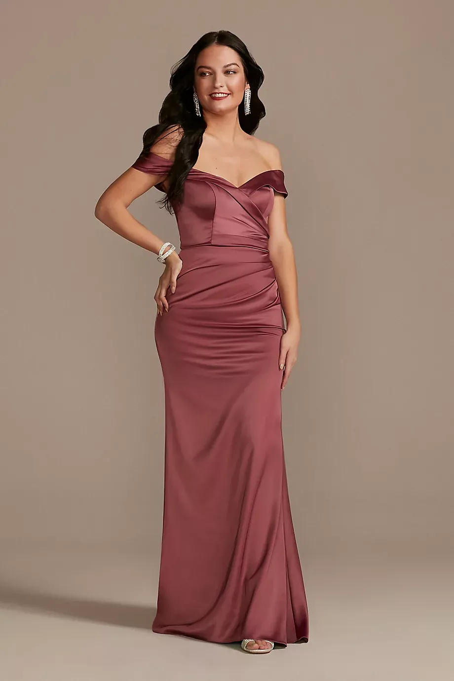 Galina Signature Satin Off-The-Shoulder Mermaid Dress in Chianti Size: 24 David's Bridal
