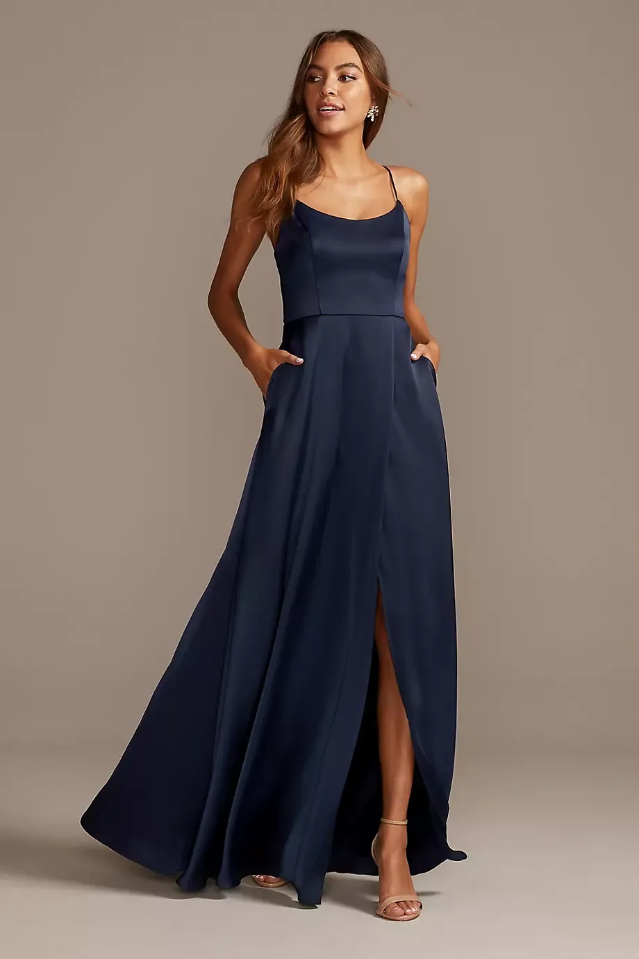 Celebrate DB Studio Crepe-Back Satin Spaghetti Strap Dress in Marine Size: 12 David's Bridal