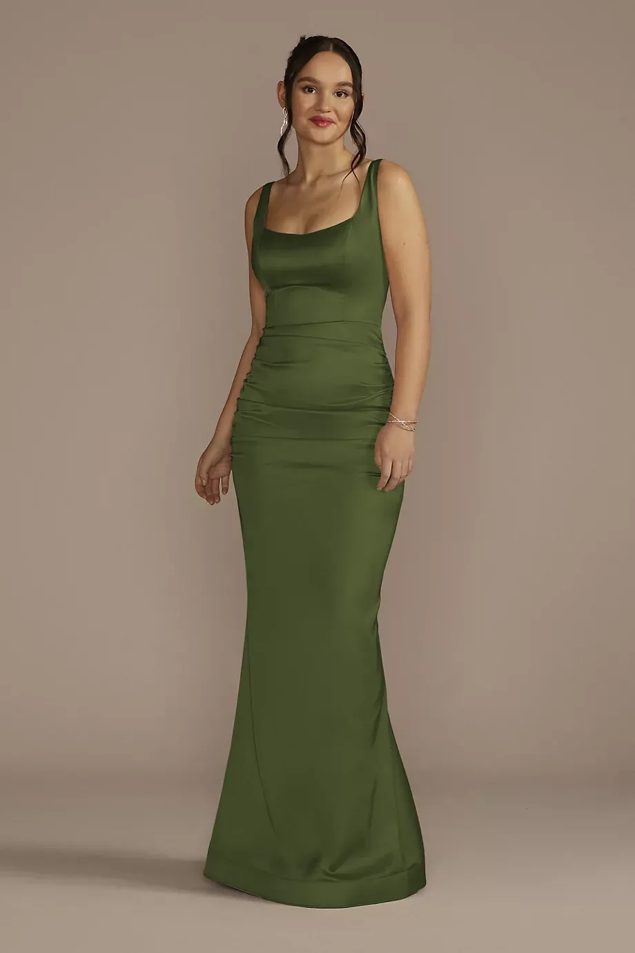 Galina Signature Stretch Satin Tank Dress With Train in Martini Olive Size: 20 David's Bridal