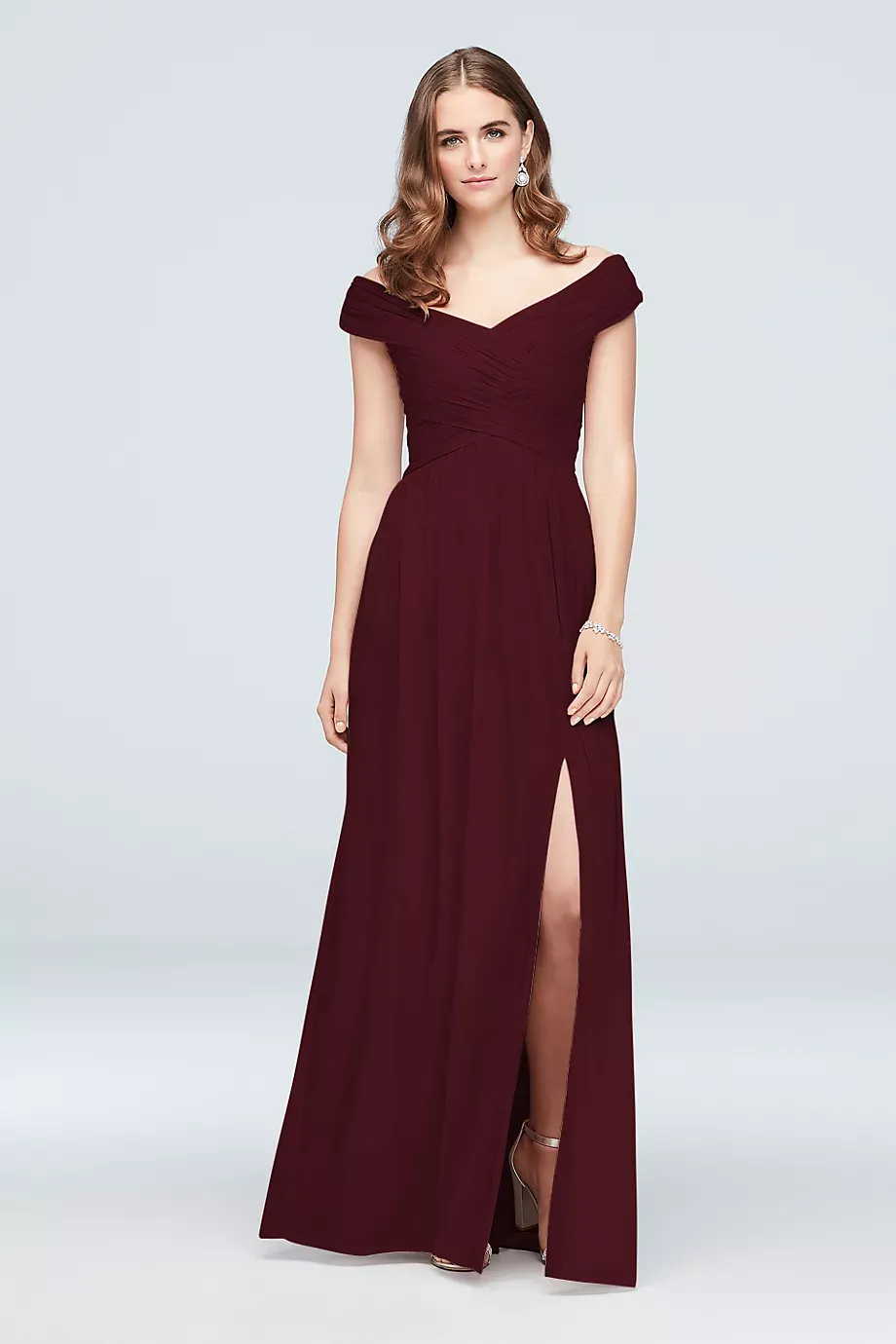 Celebrate DB Studio Crisscross Off-The-Shoulder Mesh Bridesmaid Dress in Wine Size: 14 David's Bridal