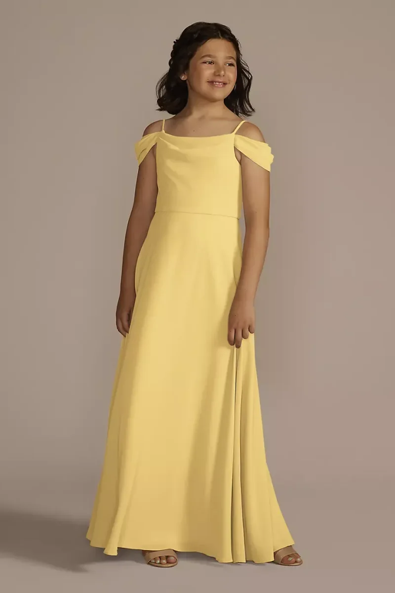 Celebrate DB Studio Chiffon Swag Sleeve Junior Bridesmaid Dress in Pale Yellow Size: 14 David's Bridal