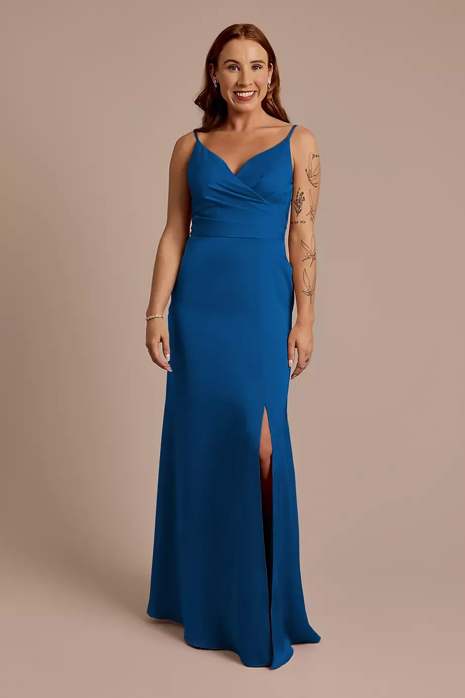 Celebrate DB Studio Matte Satin Spaghetti Strap Surplice A-Line Dress in Sapphire Size: 14 David's Bridal