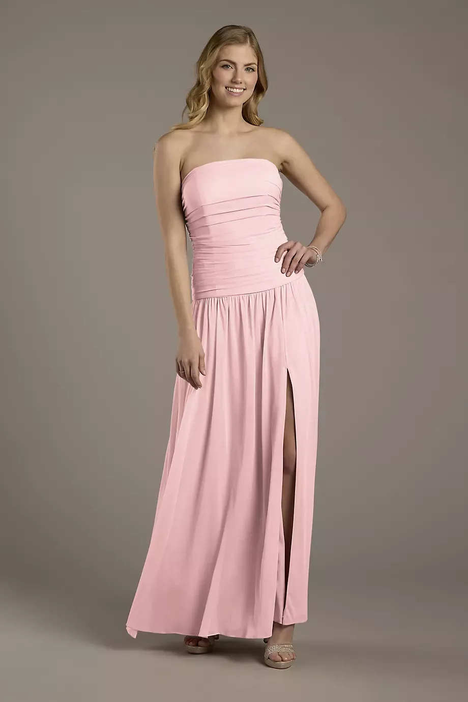 Celebrate DB Studio Mesh Strapless Drop Waist Dress in Pastel Pink Size: 26 David's Bridal