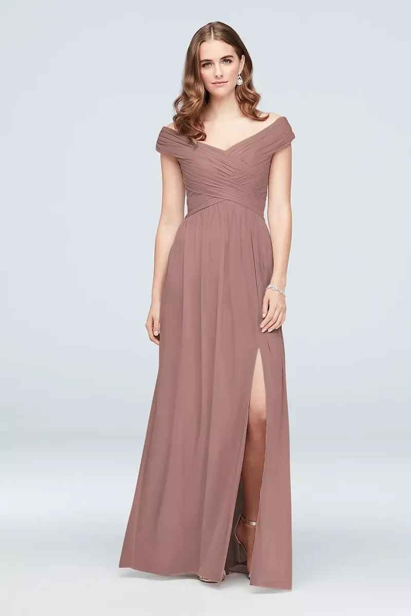 Celebrate DB Studio Crisscross Off-The-Shoulder Mesh Bridesmaid Dress in Quartz Size: 20 David's Bridal