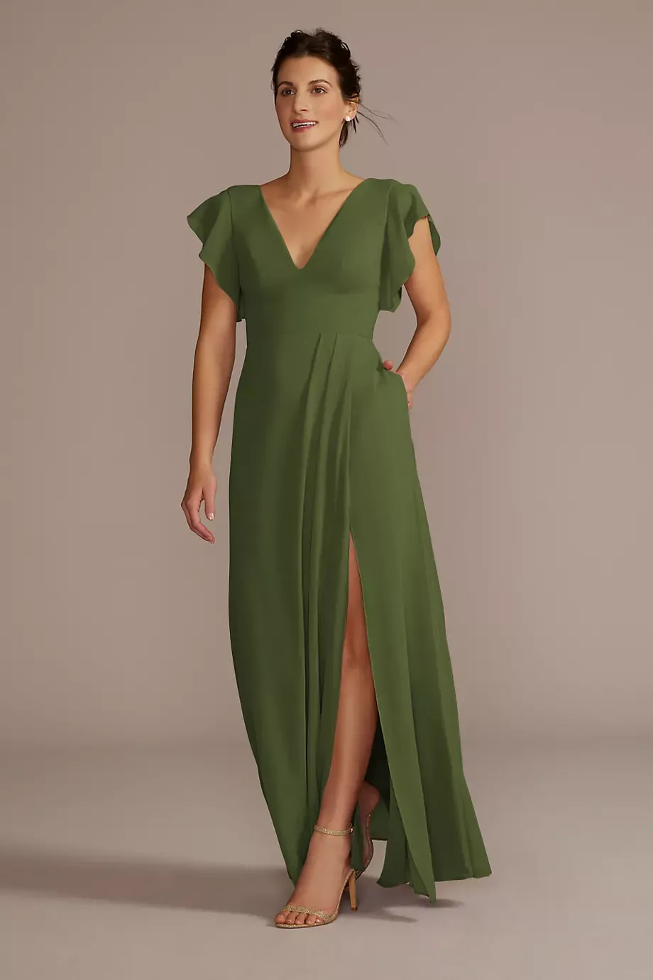 Celebrate DB Studio Tall Flutter Sleeve Chiffon Dress in Martini Olive Size: 18 David's Bridal